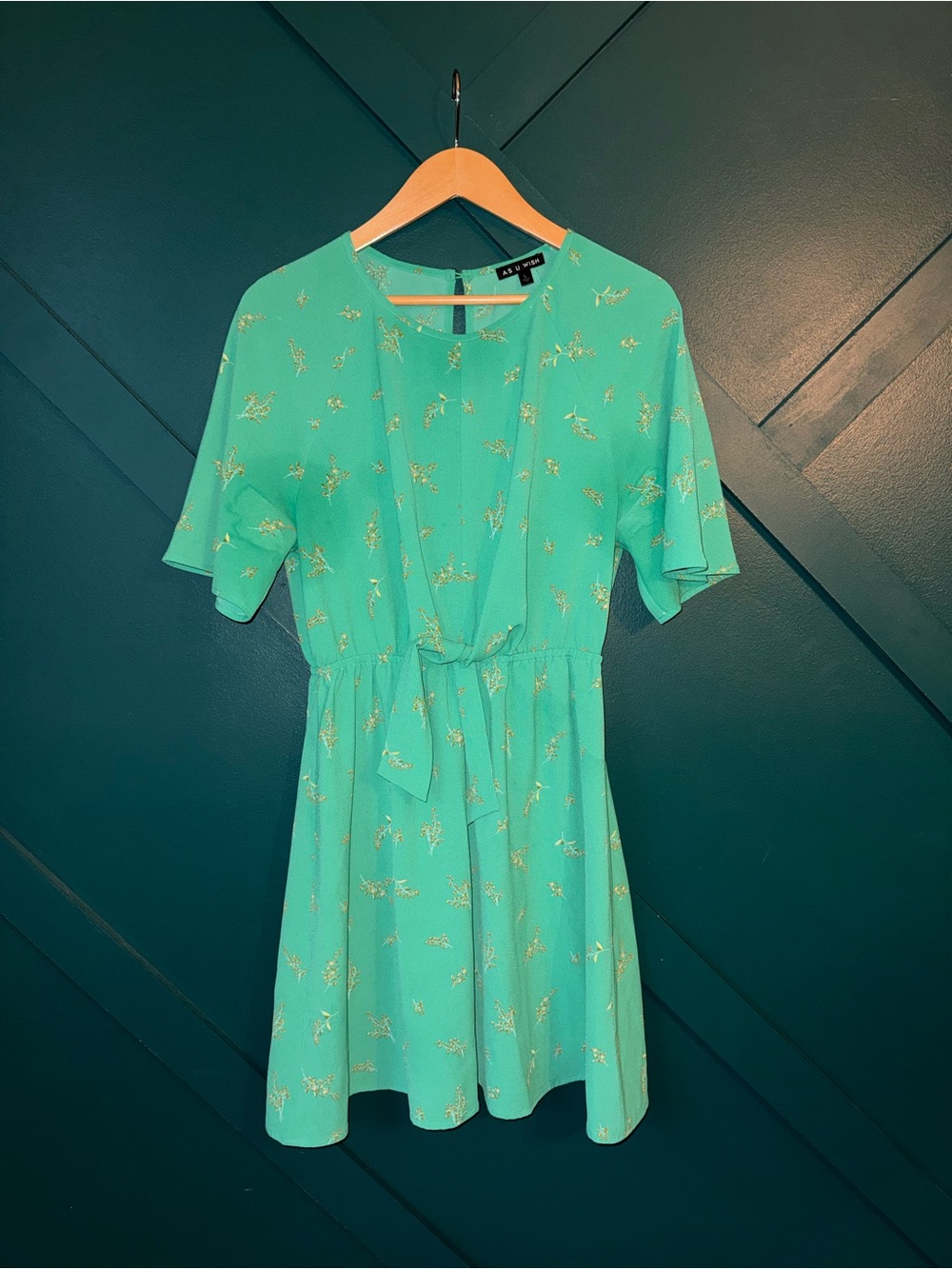 As U Wish Mint Green Floral Tie-Waist Mini Dress